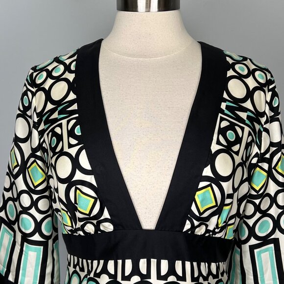 Milly New York Womens Silk Geometric Print Dress Ivory Black Aqua Blue size 10 - Picture 4 of 12
